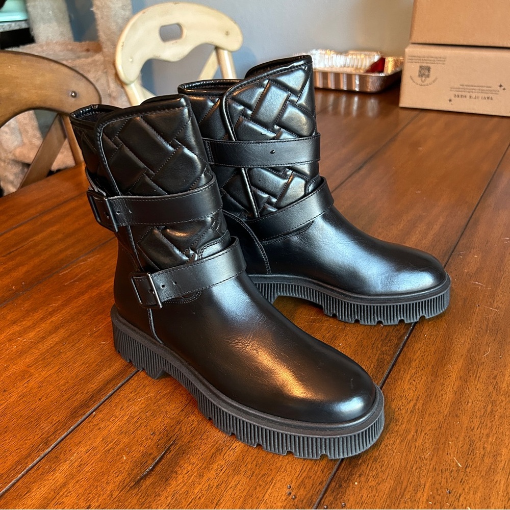 KURT GEIGER Womens Black Quilted Combat Moto Boots with Buckles Size 38 - Picture 2 of 9